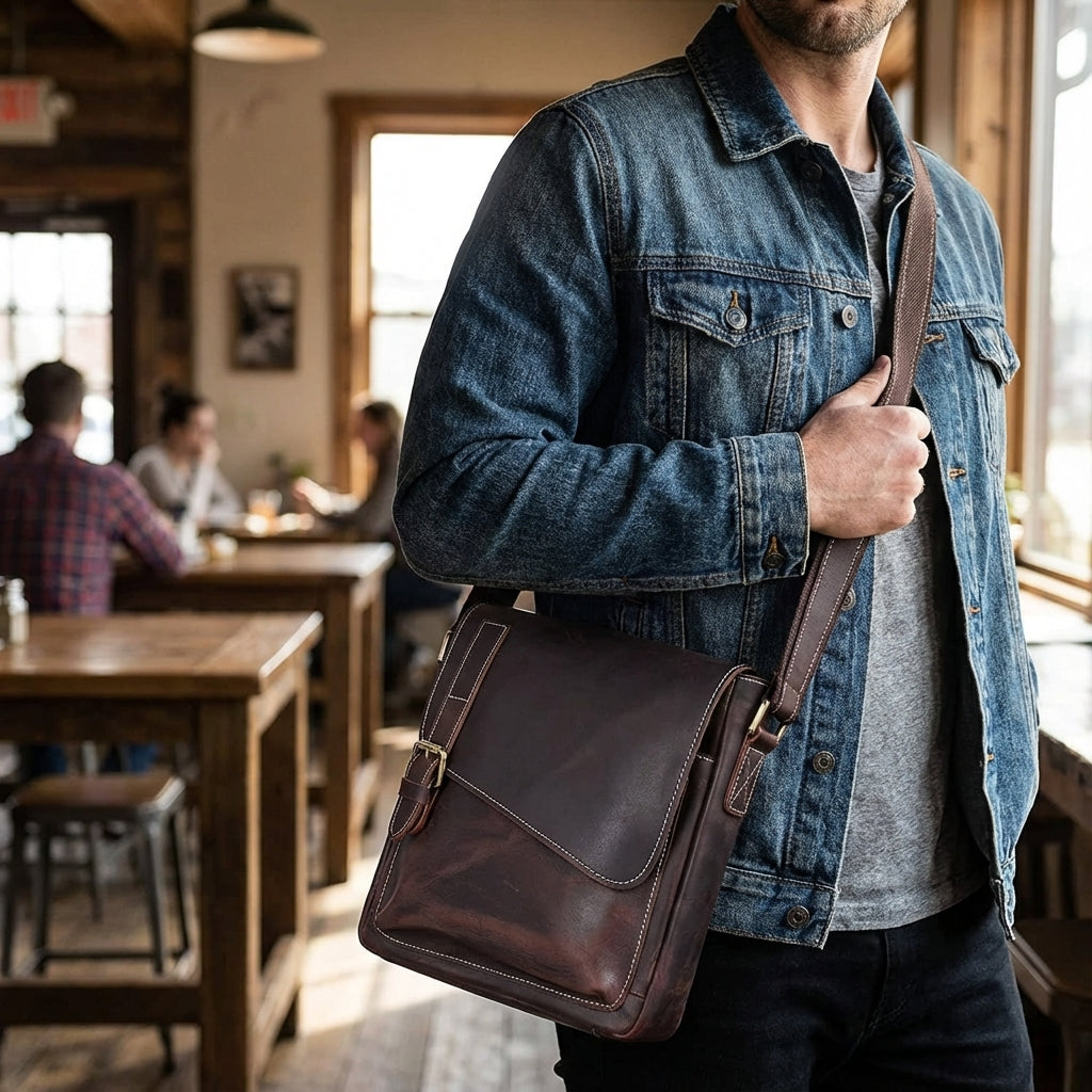 Unisex vintage full-grain leather shoulder bag. Durable, stylish crossbody messenger perfect for travel & organization.