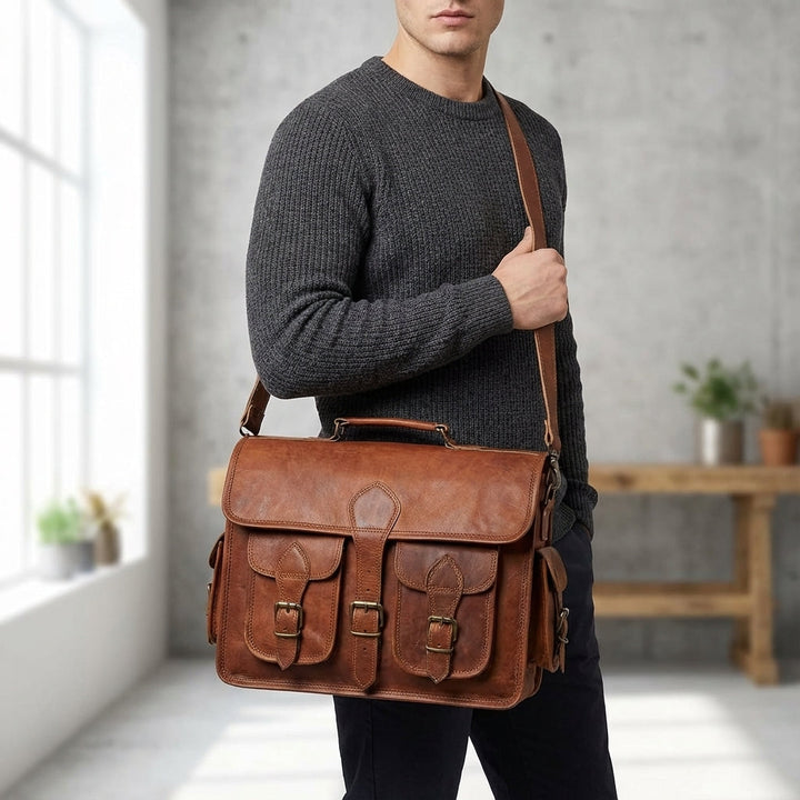 Unisex vintage goat leather messenger bag for everyday carry. Durable crossbody work & travel bag.