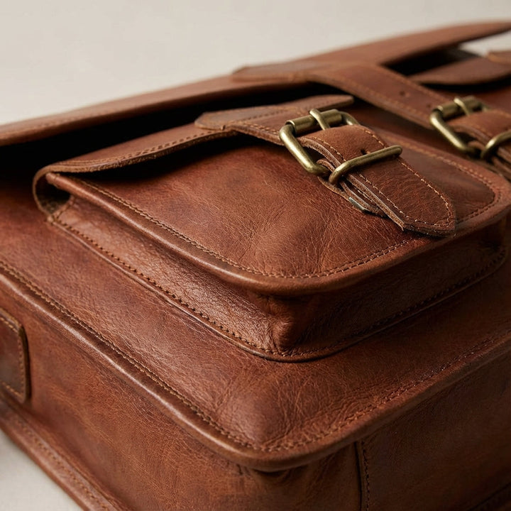 Durable vintage leather messenger bag, unisex for work & travel. Crossbody style for everyday carry.