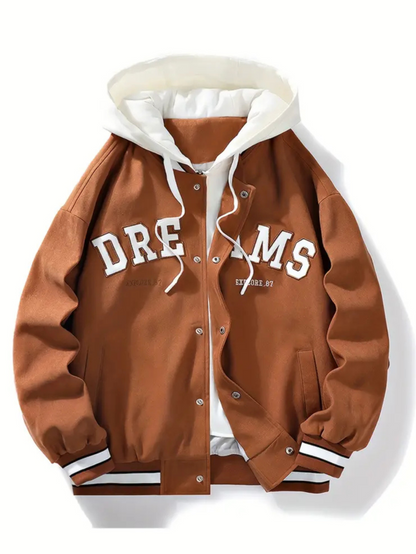 Vintage-style hoodie bomber jacket, embroidered, perfect for urban fashion.