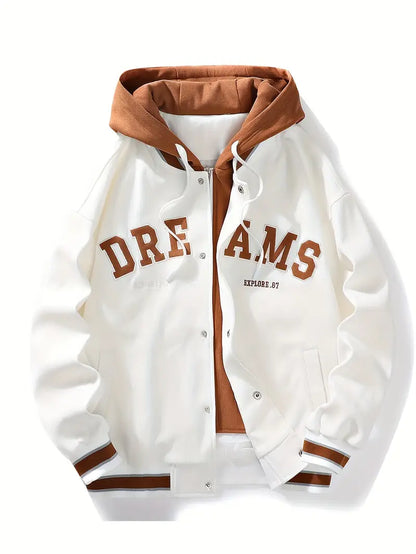 Fashionable embroidered hoodie bomber, vintage-inspired unisex design.