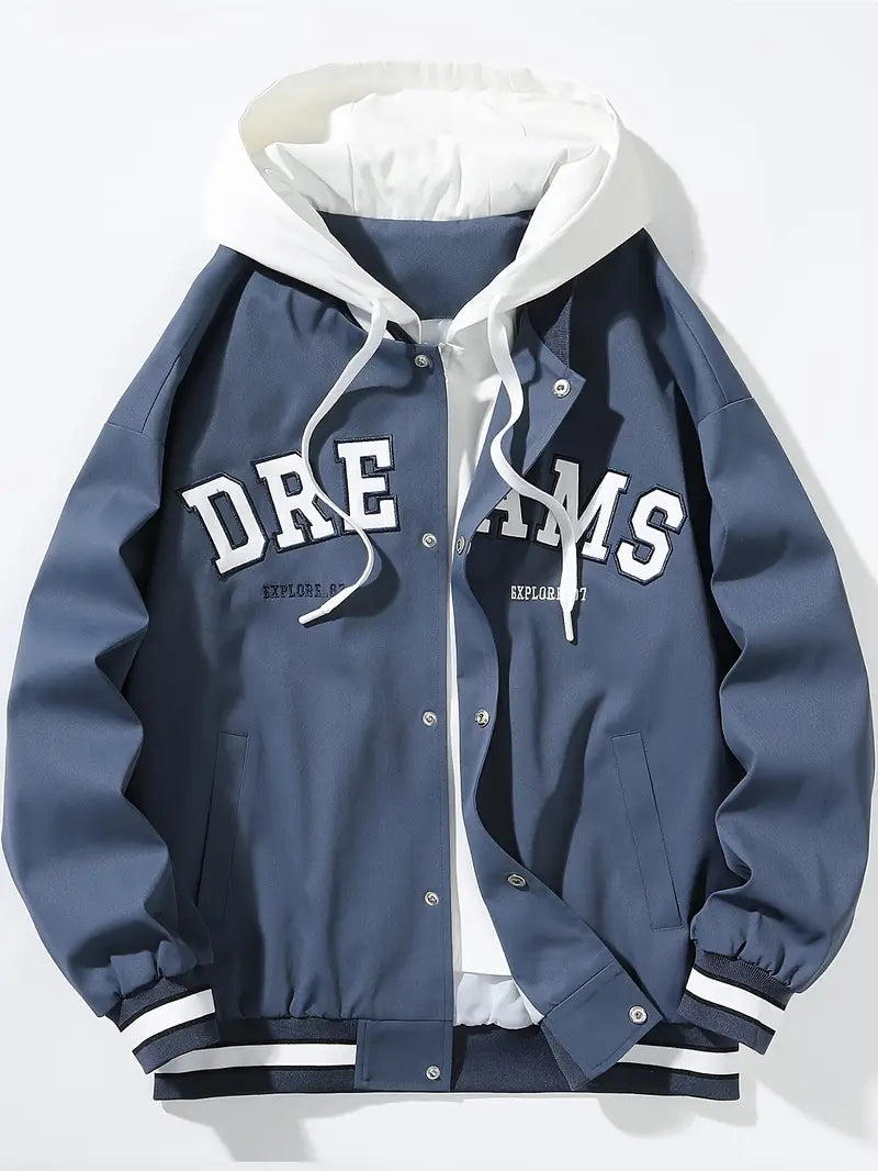 Retro modern hoodie bomber jacket for men & women, embroidered details.