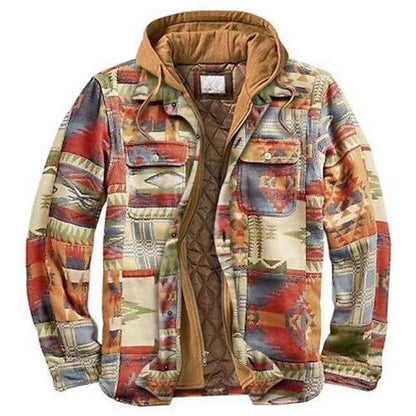 Thick unisex vintage patchwork windbreaker, folded neatly, emphasizing vibrant colors and quality material