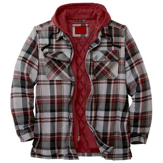 Unisex vintage plaid hooded parka jacket in brown and blue, front view, for warm casual outerwear.
