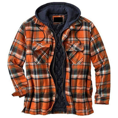 Side view of a vintage plaid parka jacket with hood, unisex design, perfect for warm outerwear.