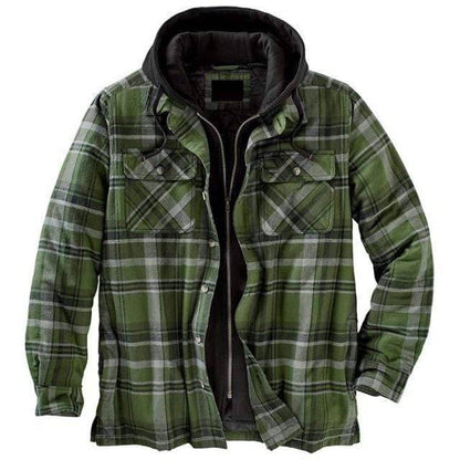 Unisex model wearing a vintage plaid hooded parka jacket, standing outdoors, casual style.
