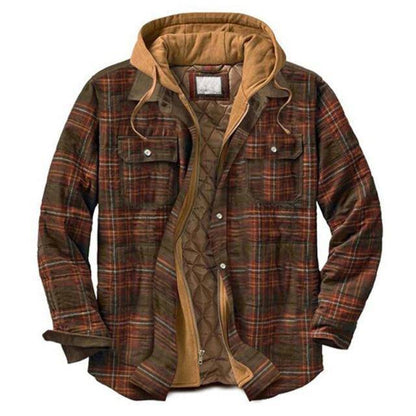 Detail of the hood and collar on a warm vintage plaid parka jacket, suitable for cold weather.