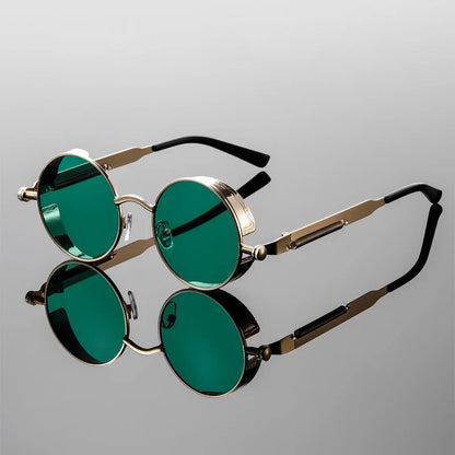 Close-up of classic vintage round sunglasses, featuring UV400 protection & a chic retro 70s fashion accessory.