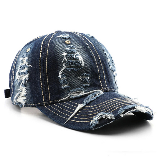 Unisex vintage washed denim baseball hat with adjustable strap. Perfect for casual, retro fashion.