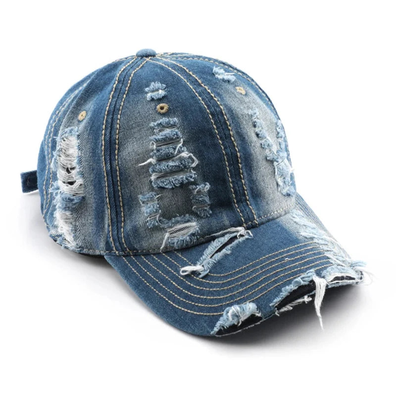 Vintage washed denim baseball hat. Unisex cotton cap with adjustable strap for a casual, everyday retro style.
