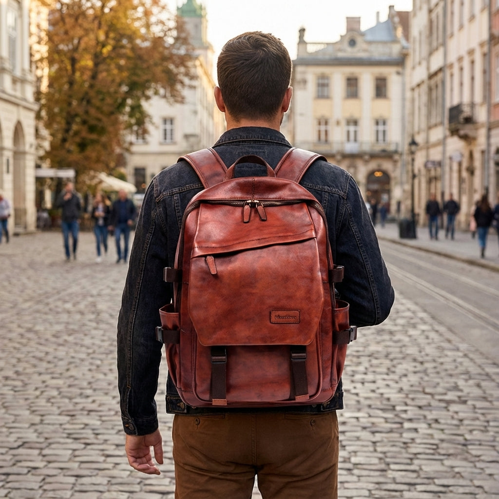 Unisex Vintora handcrafted full-grain leather backpack for professionals. Durable work & travel bag in classic design.