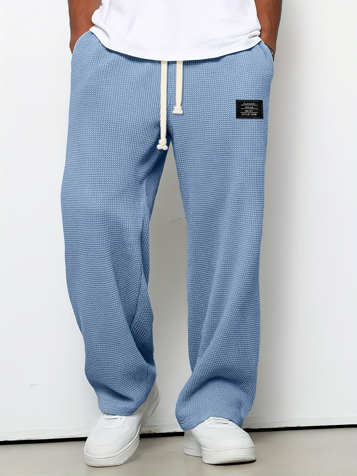 Comfortable unisex waffle knit lounge pants. Relaxed fit, soft casual pants with a wide leg and drawstring.