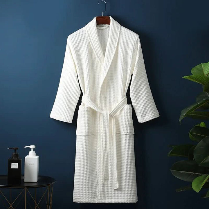 Unisex waffle textured bathrobe for ultimate comfort and relaxation.