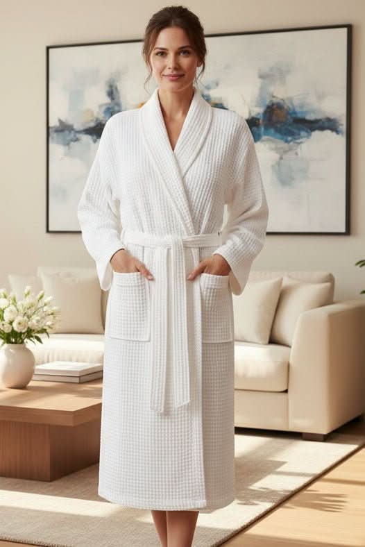 Unisex waffle weave bathrobe, breathable & quick-dry for spa comfort.