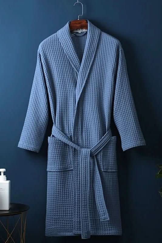 Quick-dry unisex waffle bathrobe, lightweight & breathable spa or home robe.