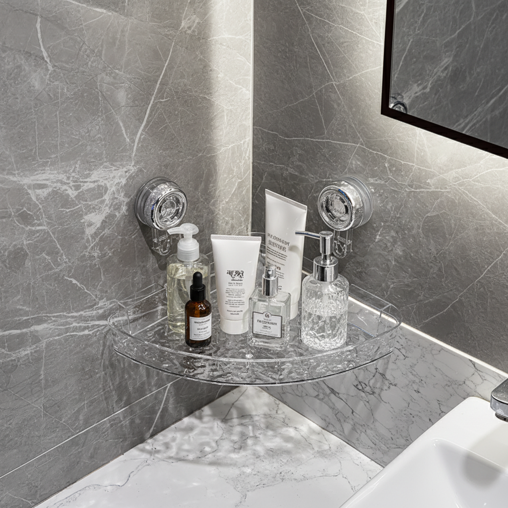 Unisex wall organizer with strong suction cups, ideal for bathroom & kitchen damp area storage. No drill installation.