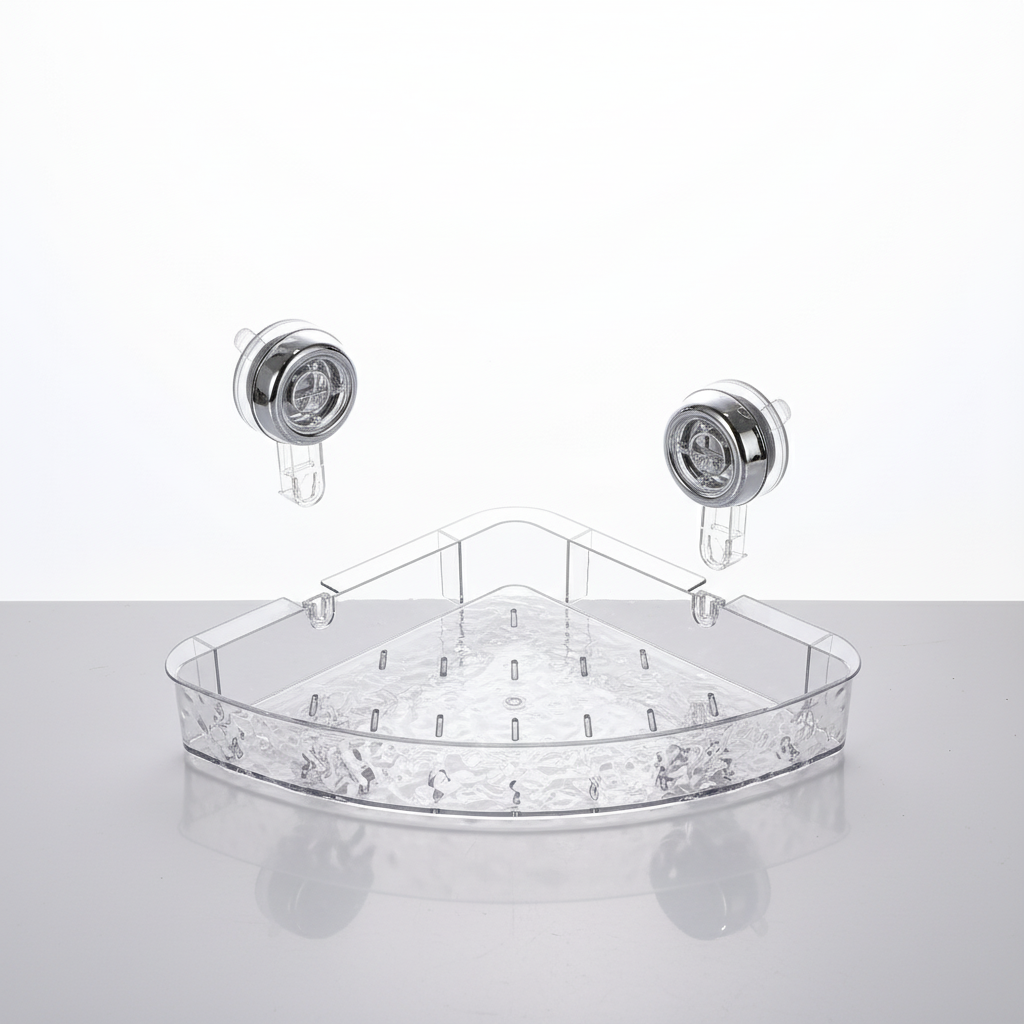 Transparent wall organizer with suction cups for shower caddy storage, perfect for damp bathrooms. No drill.