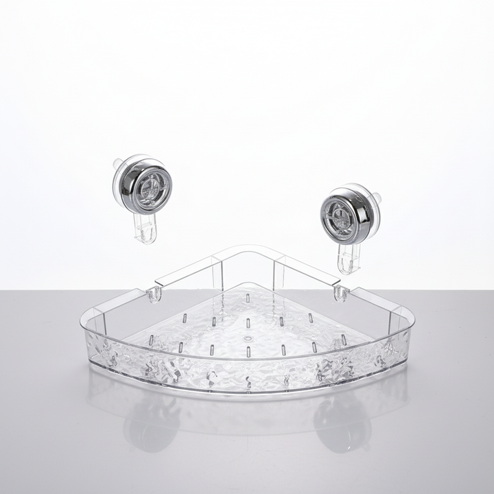 Transparent wall organizer with suction cups for shower caddy storage, perfect for damp bathrooms. No drill.