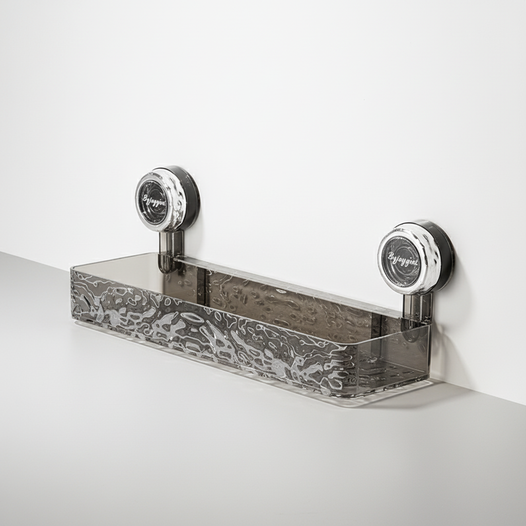 Sleek transparent wall organizer with suction cups. A no-drill home decor solution for damp bathroom storage.