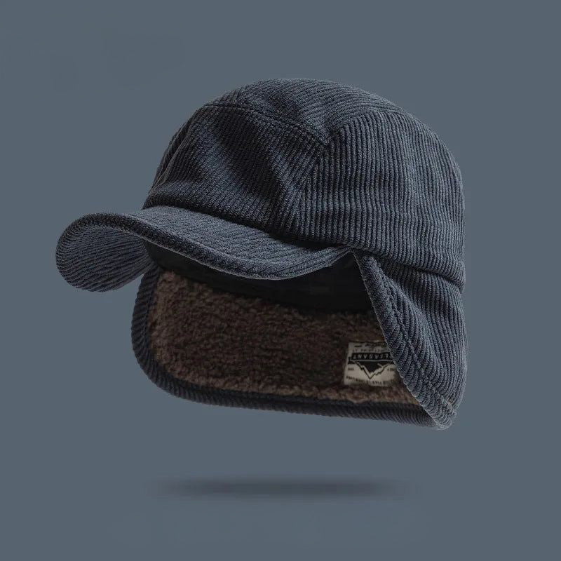Stylish black earflap winter hat, warm unisex beanie alternative for extreme cold protection.