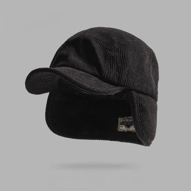 Rust-colored earflap winter cap with plush lining, ideal for men and women in snowy conditions.