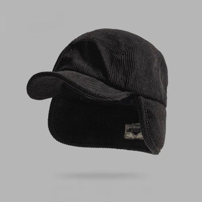 Rust-colored earflap winter cap with plush lining, ideal for men and women in snowy conditions.