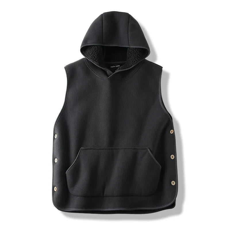 Cozy hooded fleece vest, unisex design for warm layering & everyday comfort.