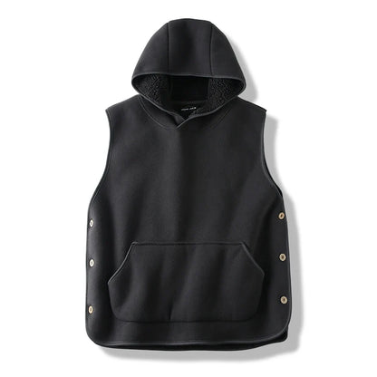 Cozy hooded fleece vest, unisex design for warm layering & everyday comfort.