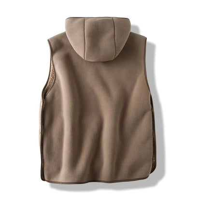 Hooded fleece vest in a unisex style, providing warm and cozy comfort for layering.