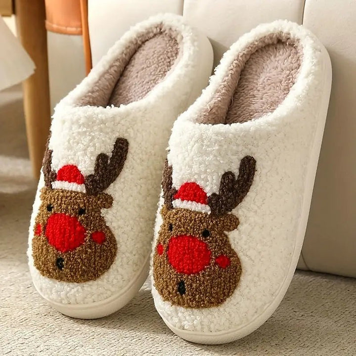 Festive unisex winter slippers featuring a charming deer design, ensuring warmth and safety.