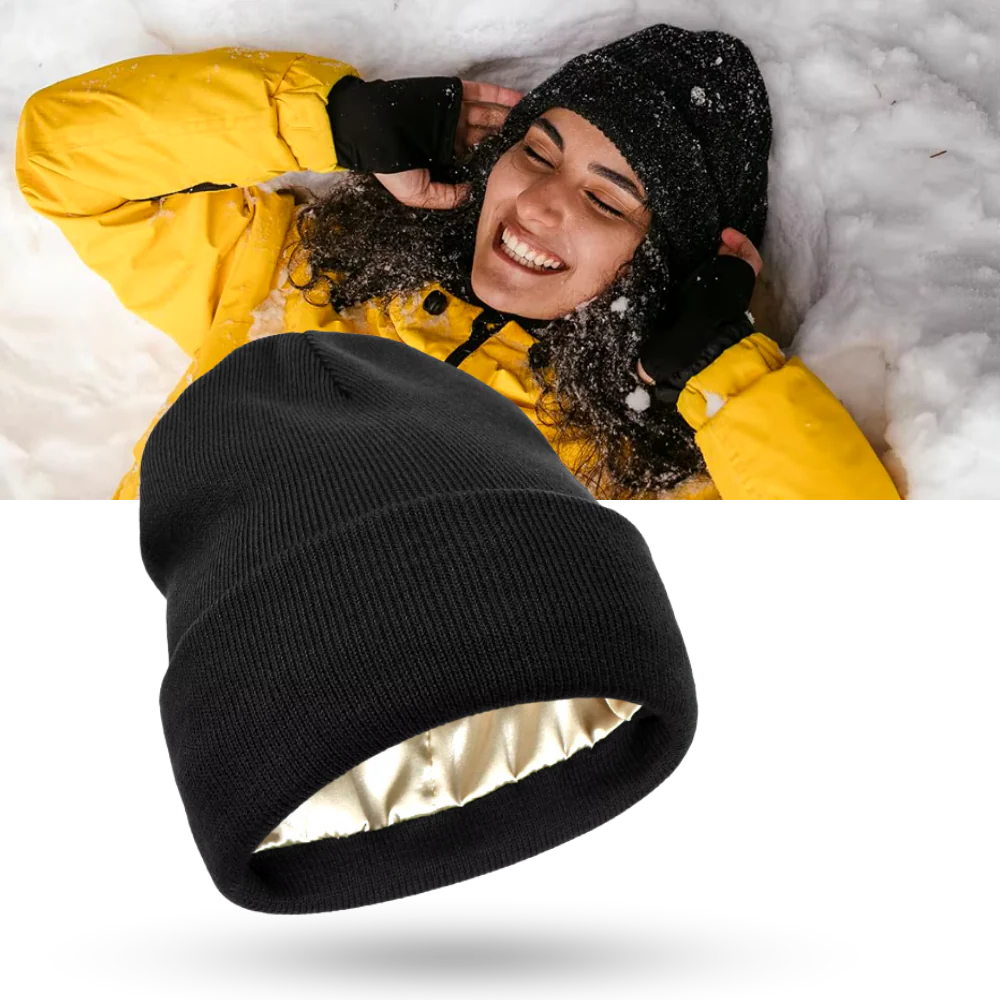 Unisex warm knit beanie, black, with satin lining for frizz control & hair protection in cold weather.