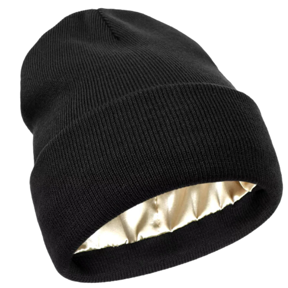 Essential cold weather headwear: knit beanie with satin lining to protect natural & curly hair.