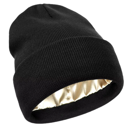 Essential cold weather headwear: knit beanie with satin lining to protect natural & curly hair.