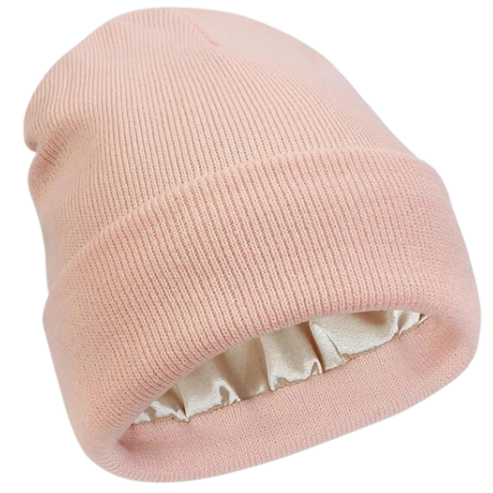 Men's & women's warm beanie, knit texture, with satin interior for ultimate hair protection.