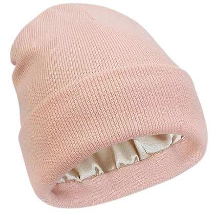 Men's & women's warm beanie, knit texture, with satin interior for ultimate hair protection.