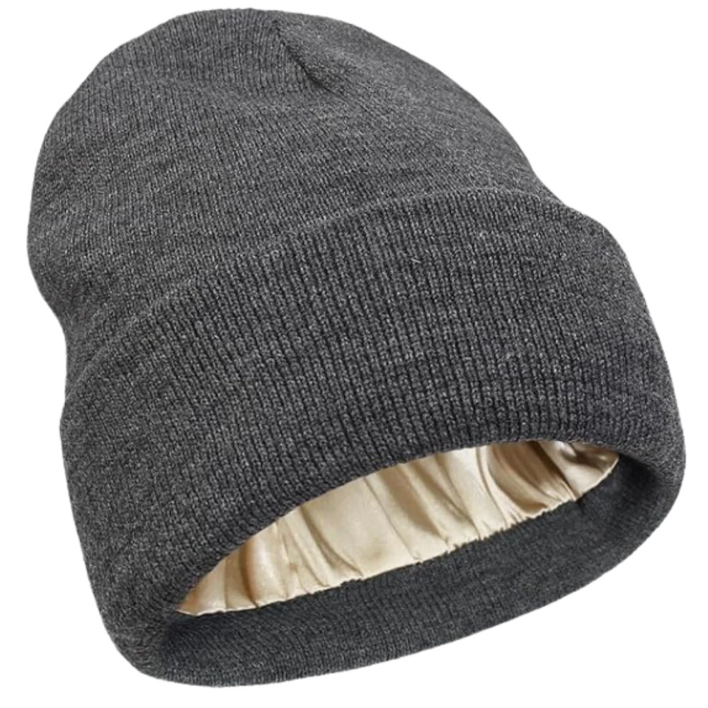 Cozy unisex knit beanie with soft satin lining; ideal winter hat for natural & curly hair protection.