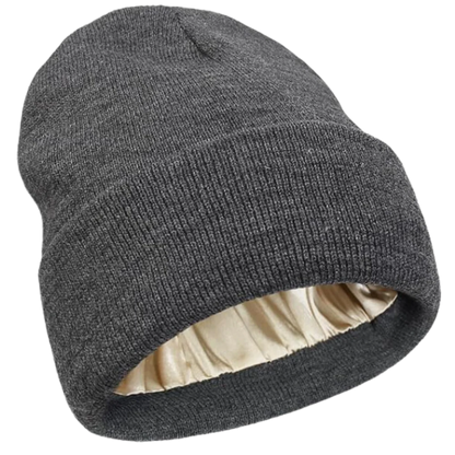 Cozy unisex knit beanie with soft satin lining; ideal winter hat for natural & curly hair protection.