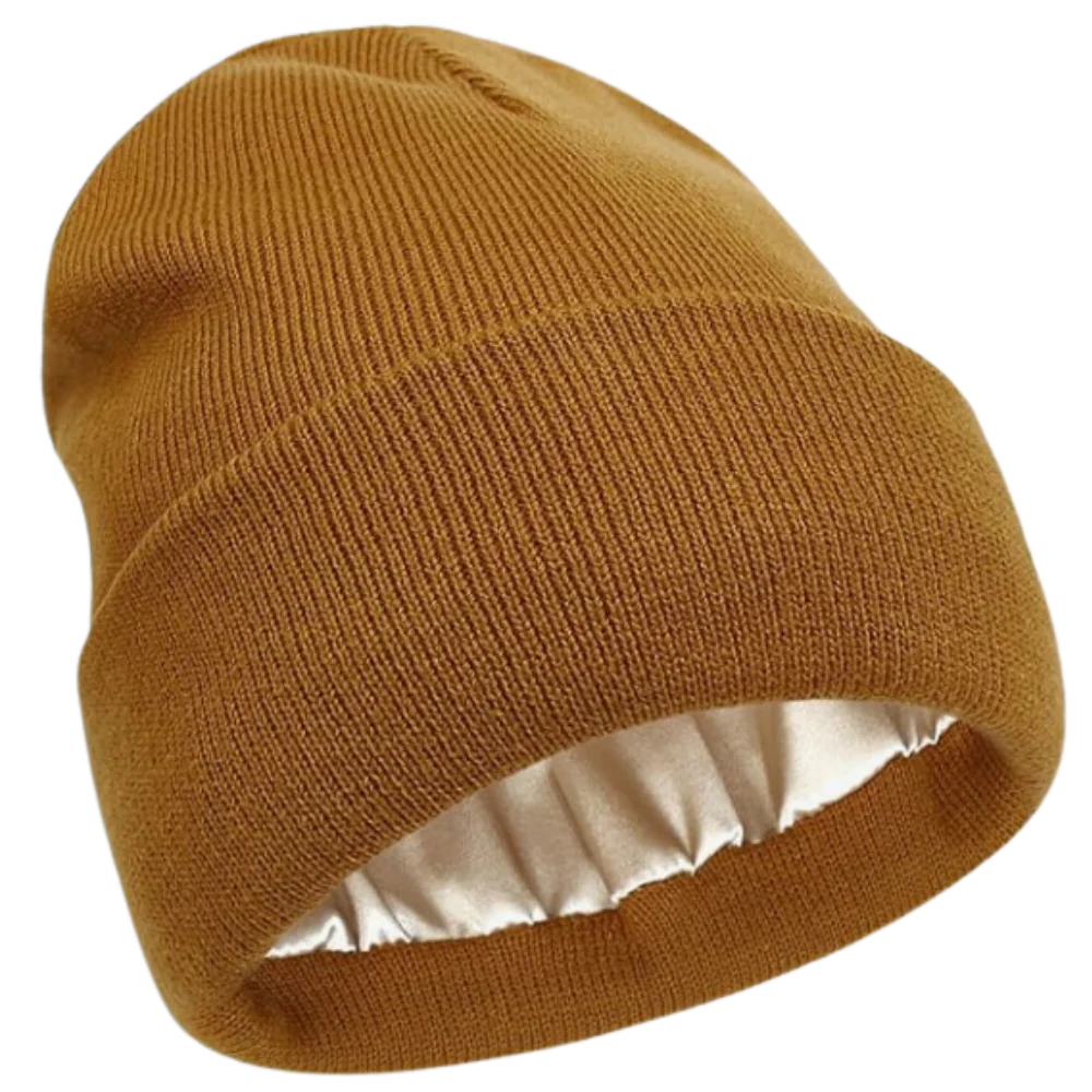 Stylish gray knit beanie for men & women, featuring satin lining to prevent frizz & protect hair.