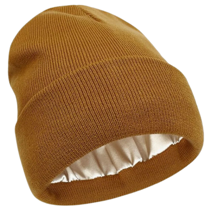 Stylish gray knit beanie for men & women, featuring satin lining to prevent frizz & protect hair.