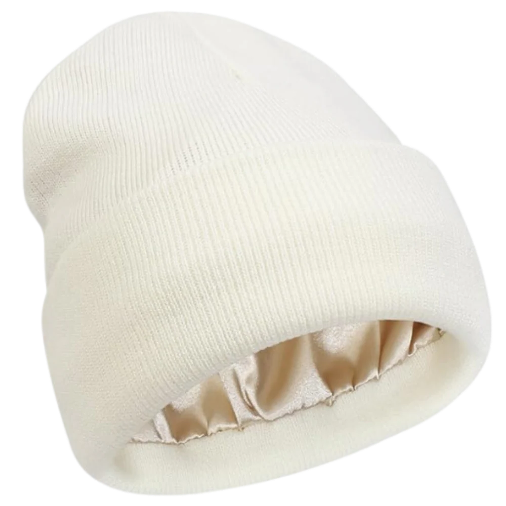 Warm beige beanie, knit for winter, with smooth satin lining for superior hair protection & comfort.