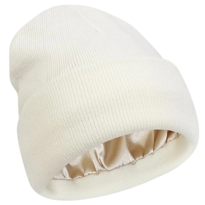 Warm beige beanie, knit for winter, with smooth satin lining for superior hair protection & comfort.
