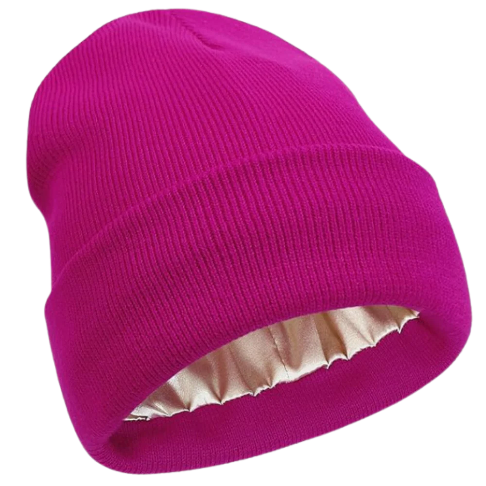Blue knit unisex beanie, satin-lined, designed to protect natural & curly hair from frizz & cold.