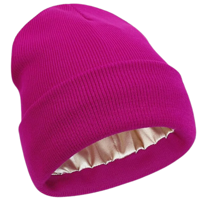 Blue knit unisex beanie, satin-lined, designed to protect natural & curly hair from frizz & cold.