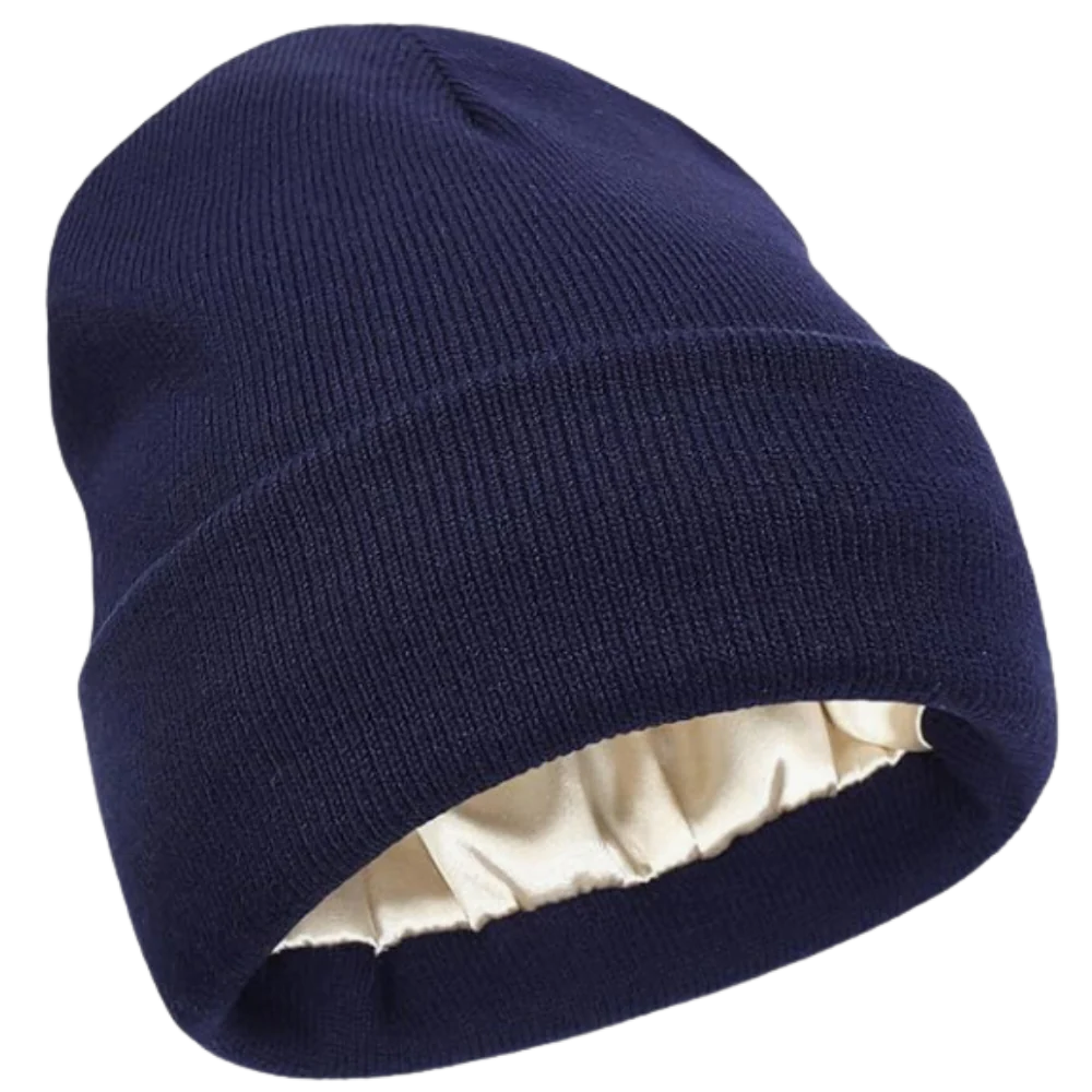 Unisex fashion accessory: green knit beanie with satin lining, perfect for cold weather & hair care.