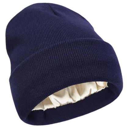 Unisex fashion accessory: green knit beanie with satin lining, perfect for cold weather & hair care.