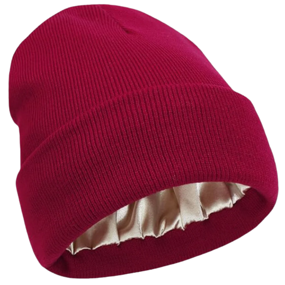 Satin-lined knit winter hat, plum color, offering warmth & frizz control for all hair types.
