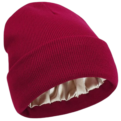 Satin-lined knit winter hat, plum color, offering warmth & frizz control for all hair types.