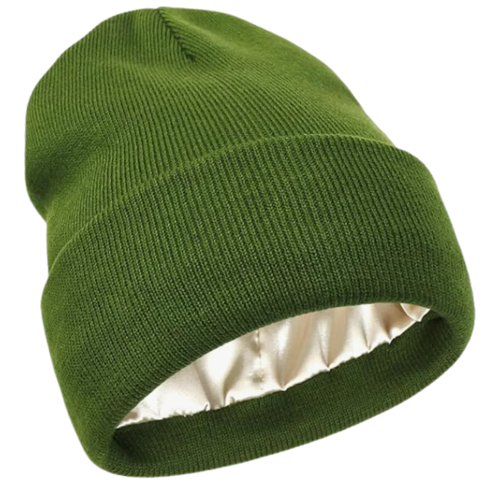 Comfortable unisex beanie, knit design, with a protective satin lining for healthy hair in winter.