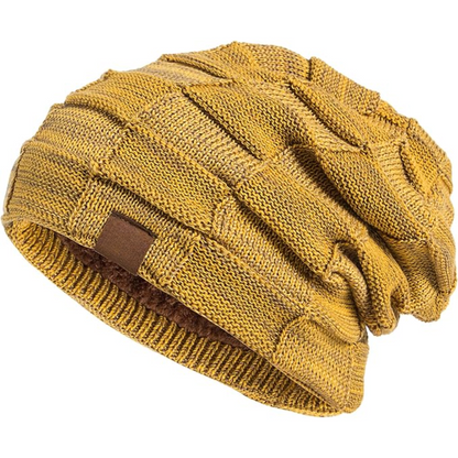 Warm knitted beanie for men & women, a stylish winter fashion accessory.