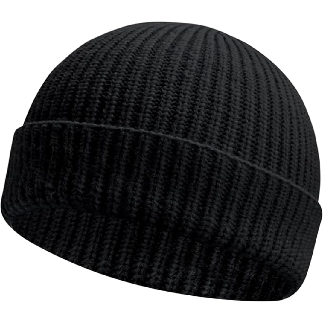 Unisex warm knitted beanie with low cuff for winter comfort. Acrylic, cozy, stylish.